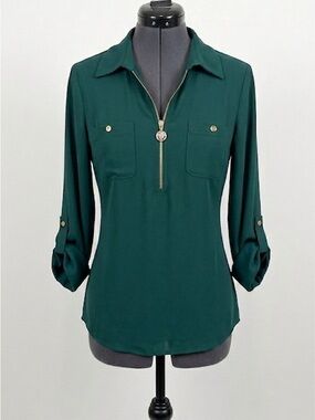 Anne Klein Teal Green Zip-Front Blouse with Gold Hardware